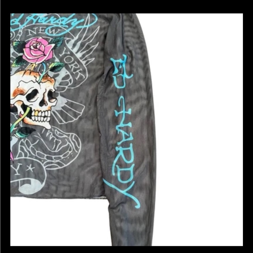 Vintage Ed Hardy Mesh Sheer Long Sleeve Top Skull Rose Tattoo Graphic Women’s M - Picture 6 of 10